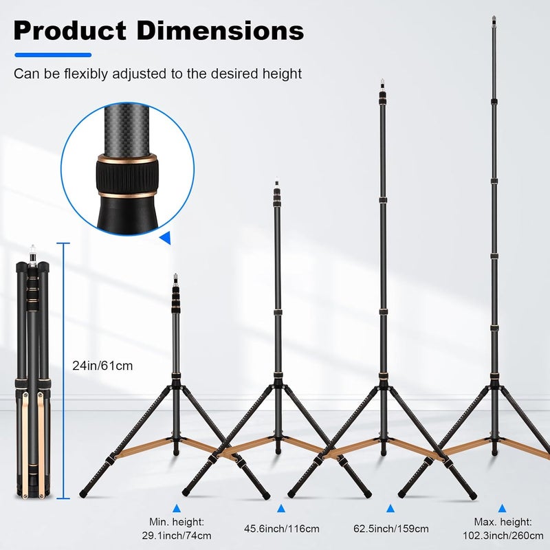 soonpho Portable Stand for Light Carbon Fiber Adjustable 8.5ft Travel Light Stand with 180°Reversible Leg,1/4"-3/8" Light Stand Adapter Lighting Tripod Stand Maximum Height 102"/260cm for Flash - Image 5